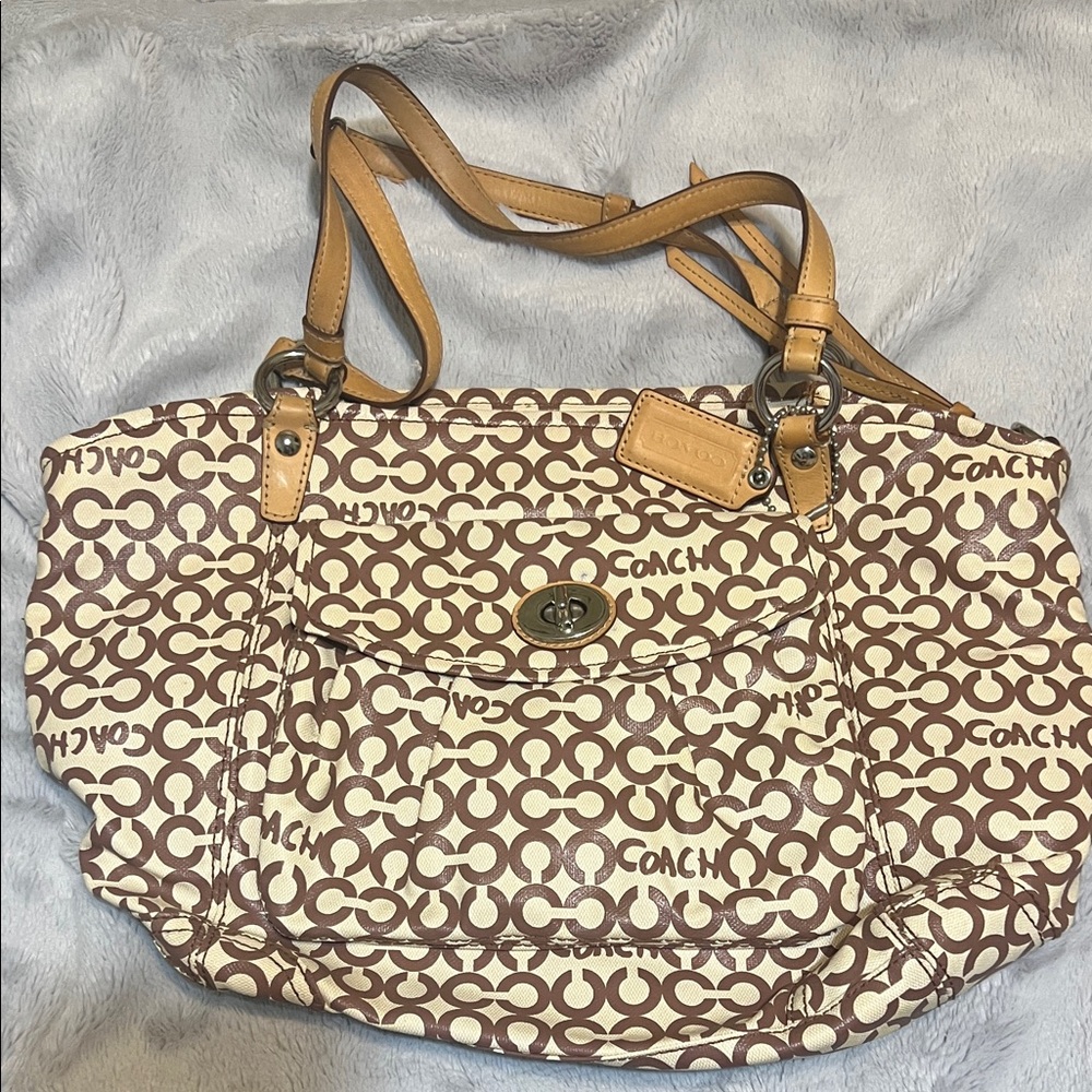 Coach Tan and Cream Signature Shoulder Bag